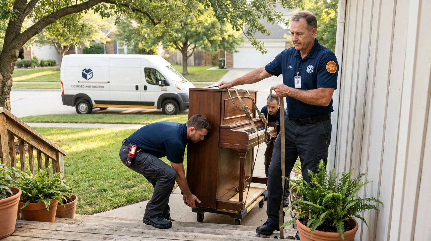 Licensed piano movers securing grand piano in Fayetteville, NC