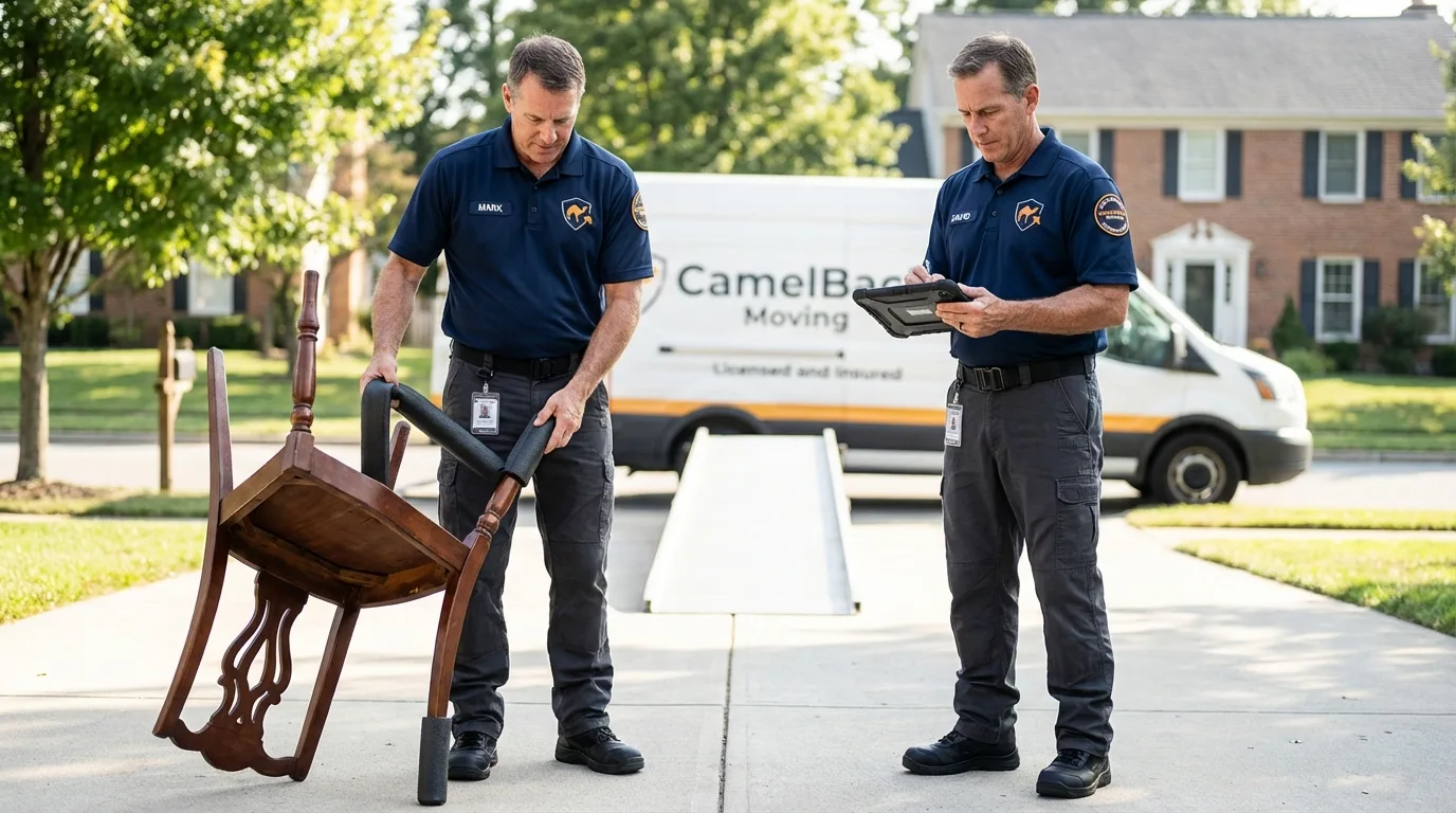 Movers inspecting furniture for damage prevention before loading in Fayetteville, NC