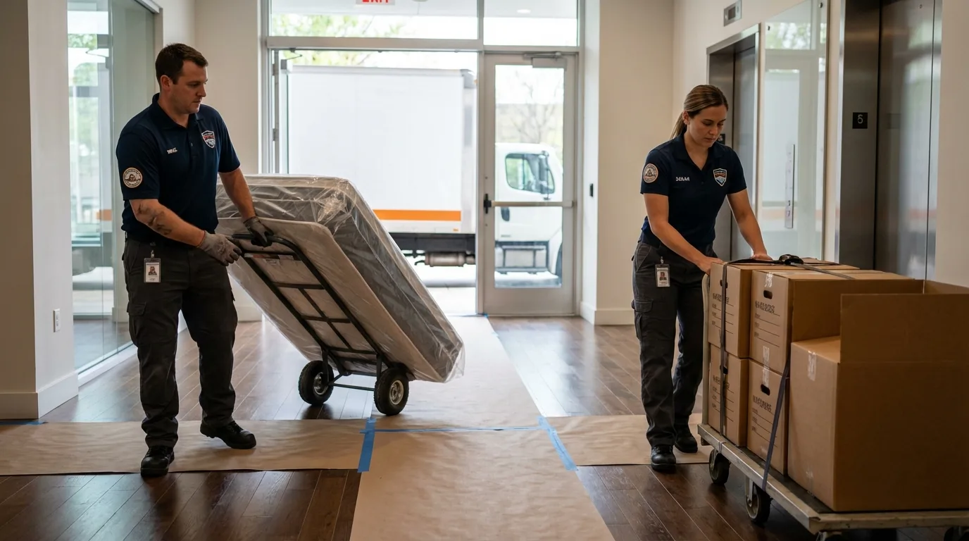Professional apartment movers loading elevator in Fayetteville, NC